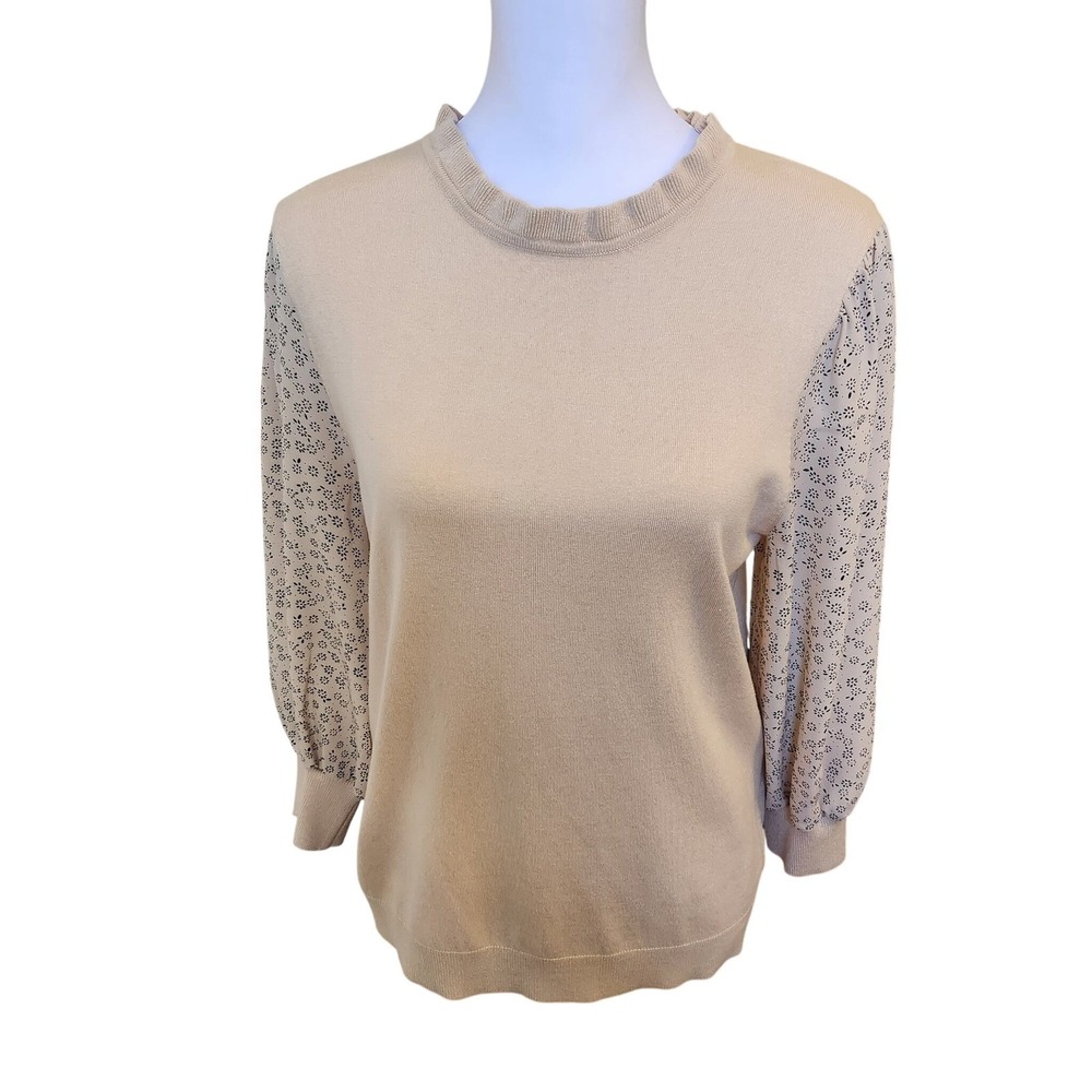 Adrianna Papell Womens Sweater Knit Lace Sleeve Ruffle Neck Beige‎ Size M